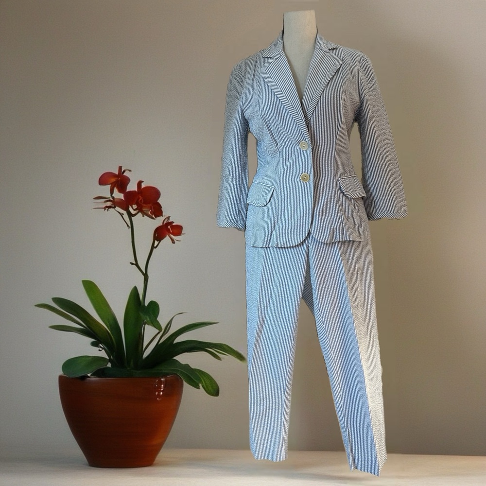 Classic Blue and White Seersucker Pantsuit